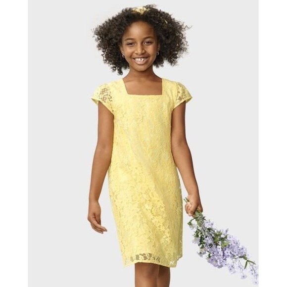 The Children's Place Other - Childrens Place Floral Lace Shift Dress Girls 14 Yellow Layered Short Sleeve